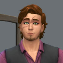 a bust screenshot of a man made in the sims. he has shor, swoopy brown hair, green eyes, and some light facial hair. he has a scar crossing his face going from his right to his left.